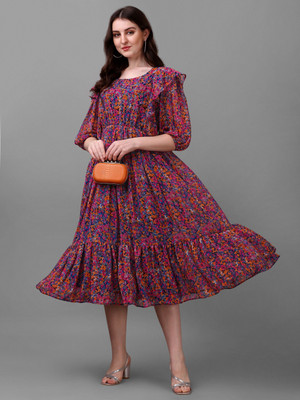 Herway Women Fit and Flare Pink Midi/Calf Length Dress