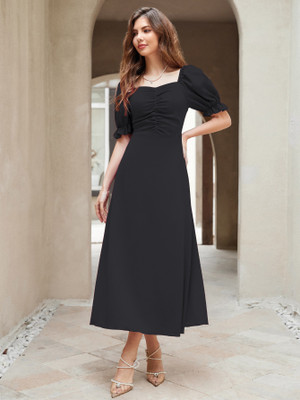 Sugathari Women A-line Black Midi/Calf Length Dress