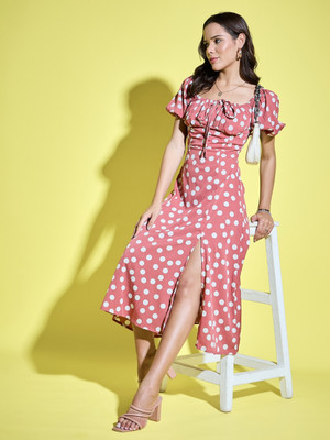 ANVI Be Yourself Women Fit and Flare Pink Midi/Calf Length Dress