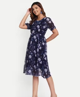 dynamicglancy Women A-line Blue Above Knee/Mid Thigh Length Dress