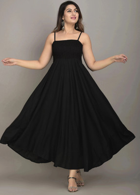 IQRAAR Women Fit and Flare Black Maxi/Full Length Dress