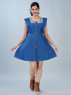 Hi Fashion Women A-line Blue Above Knee/Mid Thigh Length Dress