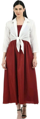 Fabrisacreation Women Fit and Flare Red, White Below Knee Dress