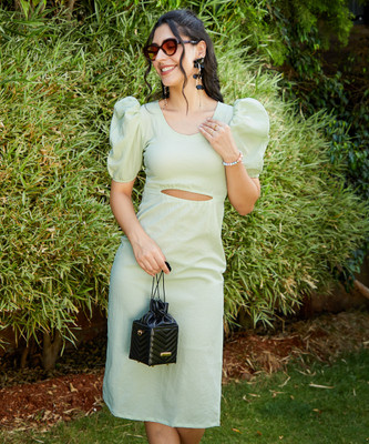 Pina Colada Women A-line Light Green Midi/Calf Length Dress