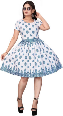HouseOfCommon Women Fit and Flare Blue Above Knee/Mid Thigh Length Dress