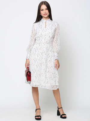 driro Women Fit and Flare White Below Knee Dress
