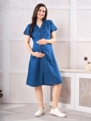 EASYMOM Women Fit and Flare Blue Below Knee Dress