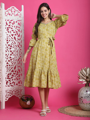 Rajnandini Women A-line Yellow Midi/Calf Length Dress