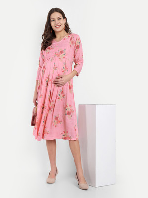 mamma's maternity Women Fit and Flare Pink Below Knee Dress