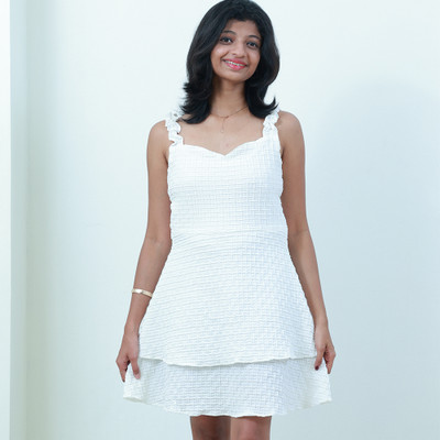 PAWS & PURRS Women Blouson White Above Knee/Mid Thigh Length Dress
