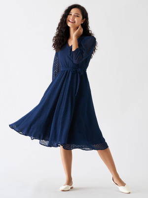 AASK Women Fit and Flare Dark Blue Midi/Calf Length Dress