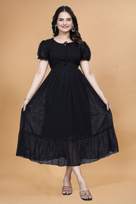 HouseOfCommon Women Fit and Flare Black, Blue Midi/Calf Length Dress