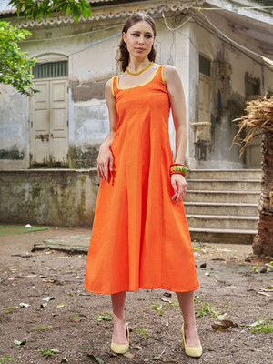 PURVAJA Women Fit and Flare Orange Maxi/Full Length Dress