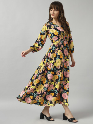 Jash Creation Women Fit and Flare Yellow Midi/Calf Length Dress