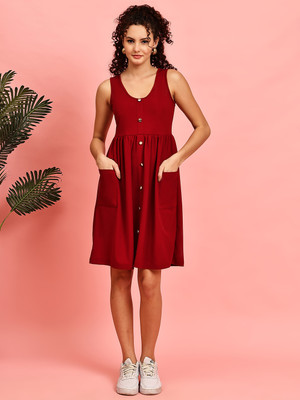 Jakanary Women Fit and Flare Maroon Above Knee/Mid Thigh Length Dress