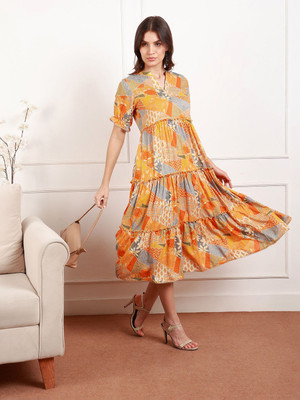 True Shape Women Fit and Flare Yellow Below Knee Dress