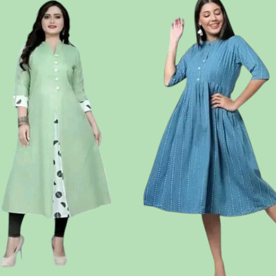 Texpamz Women Printed A-line Kurta(Green, Light Blue)