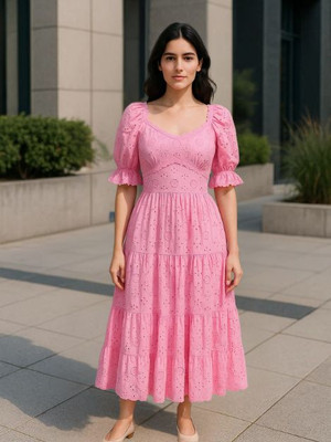 MARC LOUIS Women Fit and Flare Pink Midi/Calf Length Dress
