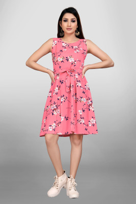 Lnfashionn Women A-line Pink Knee Length Dress