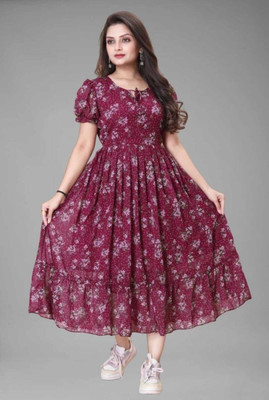 HEER Women Fit and Flare Maroon Maxi/Full Length Dress