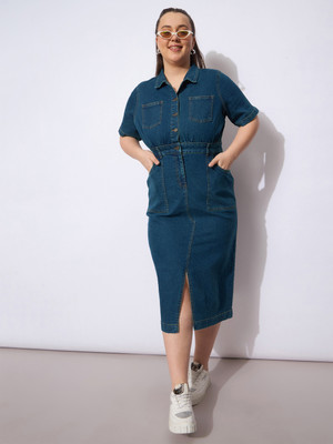 SASSAFRAS Curve Women A-line Dark Blue Midi/Calf Length Dress