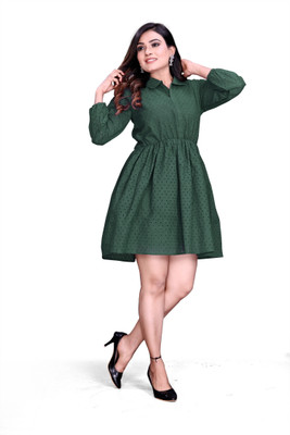 SHIRSHA Women Fit and Flare Green Midi/Calf Length Dress