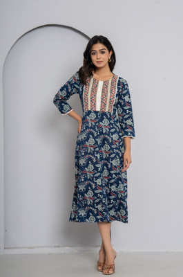 Jaipuri Bunaai Women Fit and Flare Multicolor Midi/Calf Length Dress