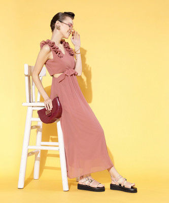 ATHENA Women Fit and Flare Pink Maxi/Full Length Dress