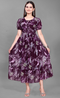 QUEUEE CREATION Women Fit and Flare Purple Midi/Calf Length Dress