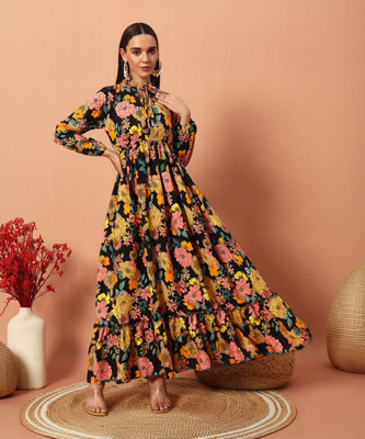 Jash Creation Women Fit and Flare Yellow Maxi/Full Length Dress