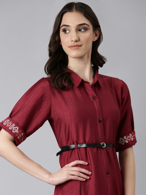 SHOWOFFFF Women A-line Maroon Midi/Calf Length Dress