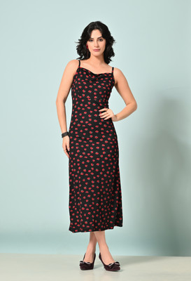 IUGA Women A-line Red, Black Midi/Calf Length Dress