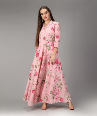 Rudraaksha Women A-line Pink, Green Maxi/Full Length Dress