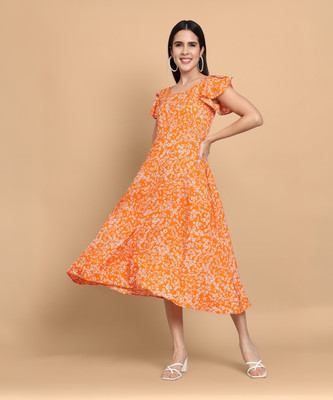 Maheshvi Women Fit and Flare Orange, White, Pink Midi/Calf Length Dress