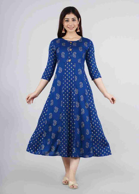 ASHISH PRINT Women A-line Blue Midi/Calf Length Dress