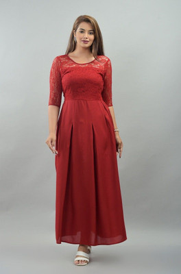 IQRAAR Women Fit and Flare Red Maxi/Full Length Dress