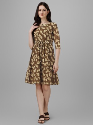 vrfashions Women A-line Brown, Beige Dress