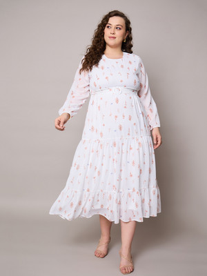 SASSAFRAS Curve Women Fit and Flare Brown, White Maxi/Full Length Dress