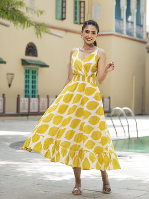 DIVENA Women A-line Yellow Midi/Calf Length Dress