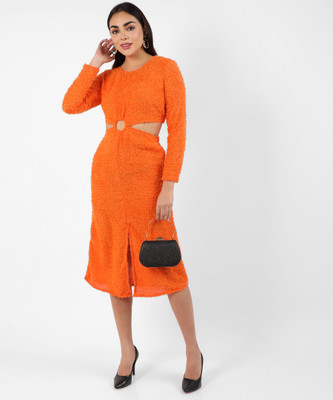CAMPUS SUTRA Women A-line Orange Midi/Calf Length Dress