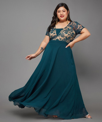 Miss Chase Women Fit and Flare Dark Blue, Beige Maxi/Full Length Dress