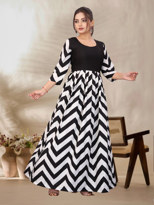 HIT FASHION HUB Women Fit and Flare Black, White Maxi/Full Length Dress