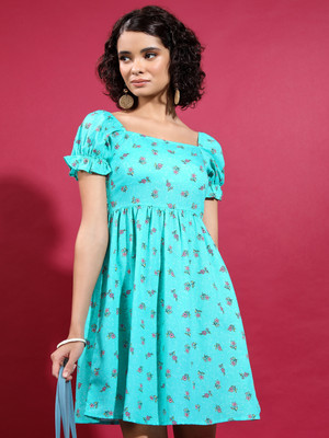 Vishudh Women A-line Light Blue, Dark Green, Pink Above Knee/Mid Thigh Length Dress