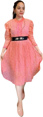 Bullcraft Women Fit and Flare Pink Below Knee Dress