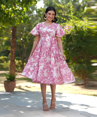 Janasya Women Tiered Pink Midi/Calf Length Dress