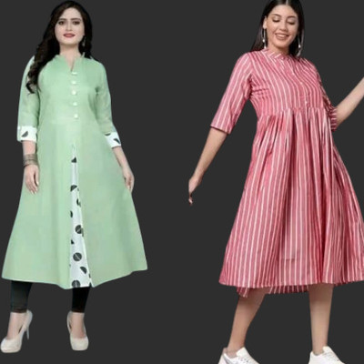 Texpamz Women Striped A-line Kurta(Green, Pink)