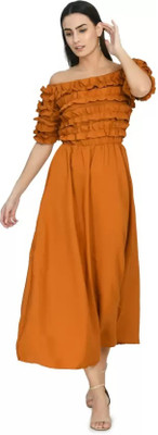 Whitewhale Women Fit and Flare Orange Maxi/Full Length Dress