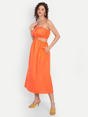 MINGLAY Women Fit and Flare Orange Midi/Calf Length Dress