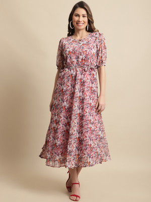 Fabflee Women A-line Multicolor Midi/Calf Length Dress