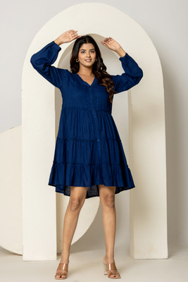 KIMATERNITY Women Fit and Flare Dark Blue Above Knee/Mid Thigh Length Dress